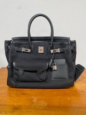 Black Leather-Trim Canvas Tote Bag with Silver Hardware